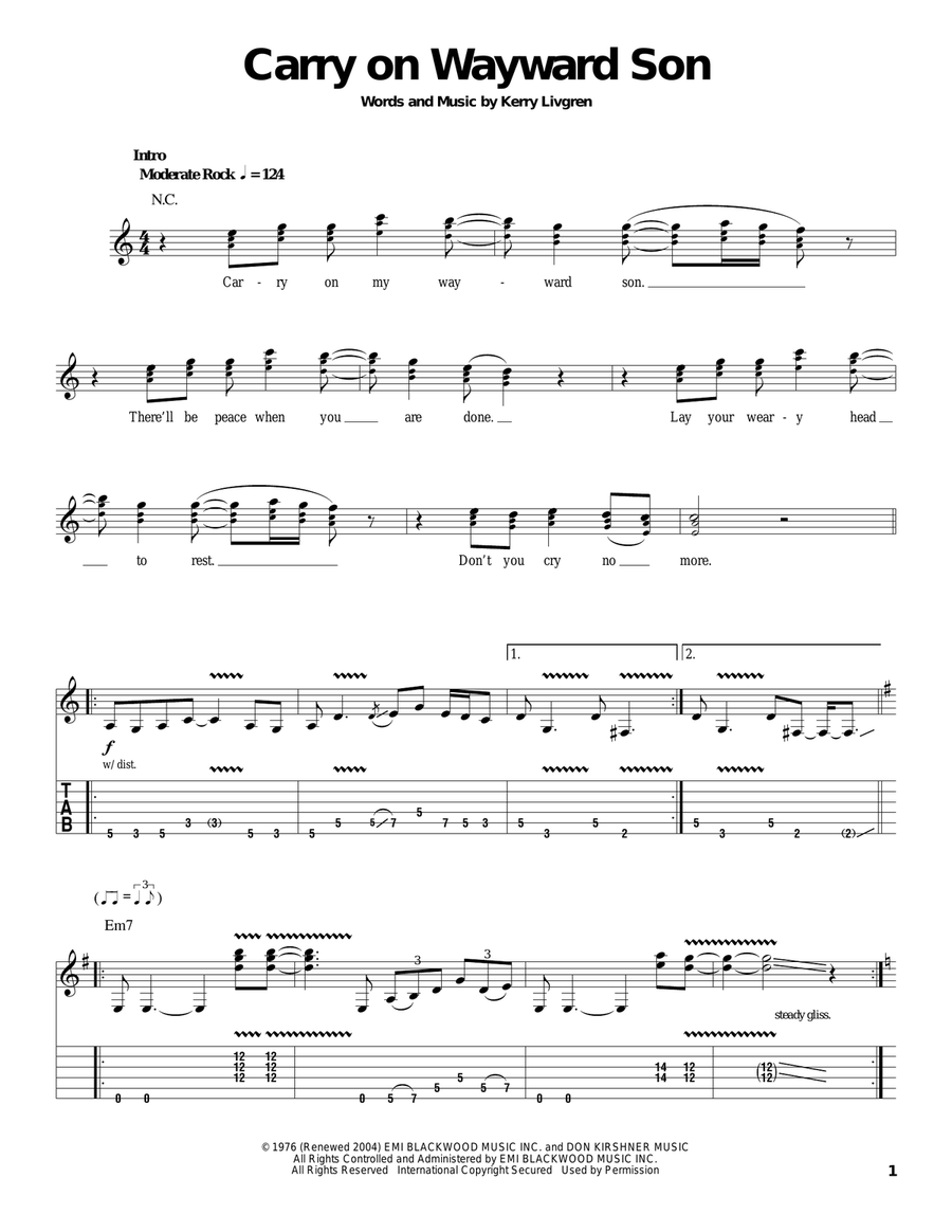 Carry On Wayward Son Acoustic Guitar scores gallery preview page 1