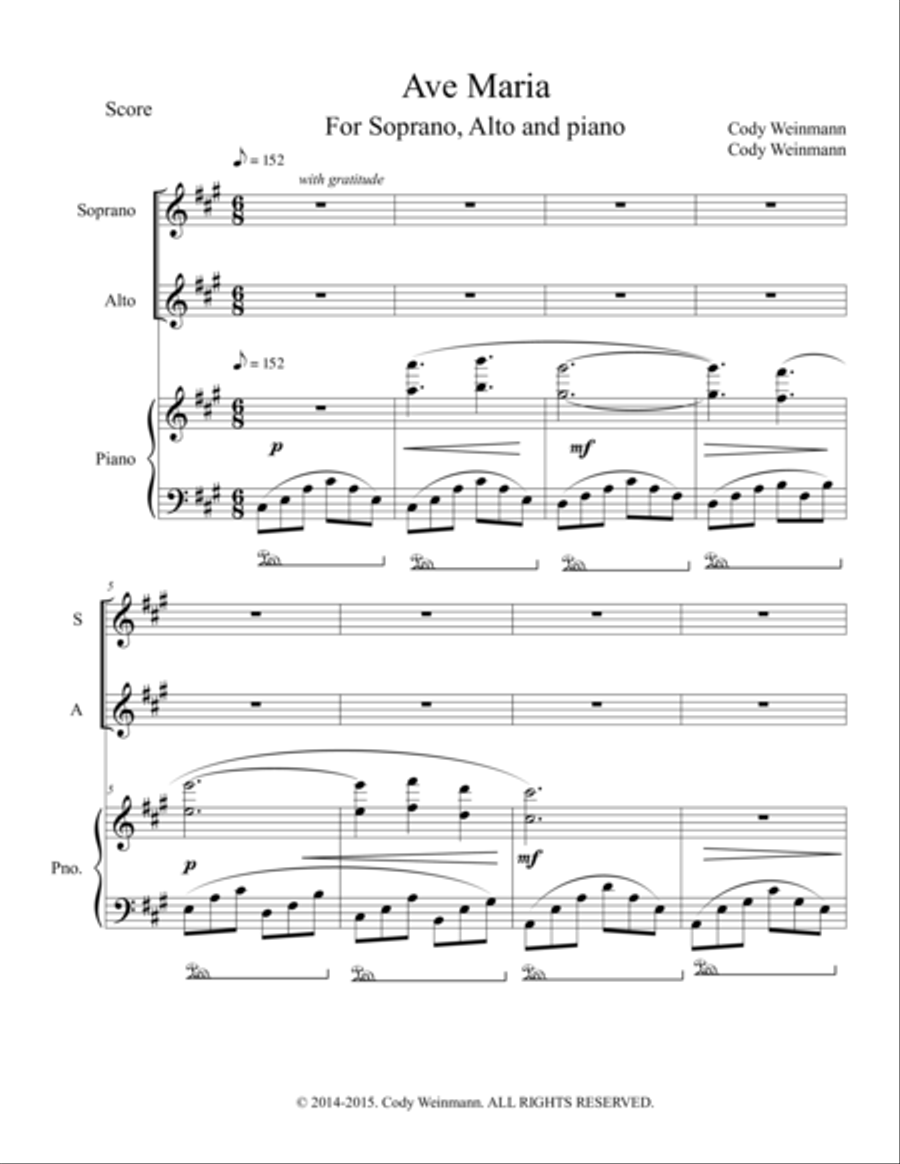 Ave Maria New Arrangement for Soprano, Alto, and Piano Piano, Vocal, Guitar scores gallery preview page 1