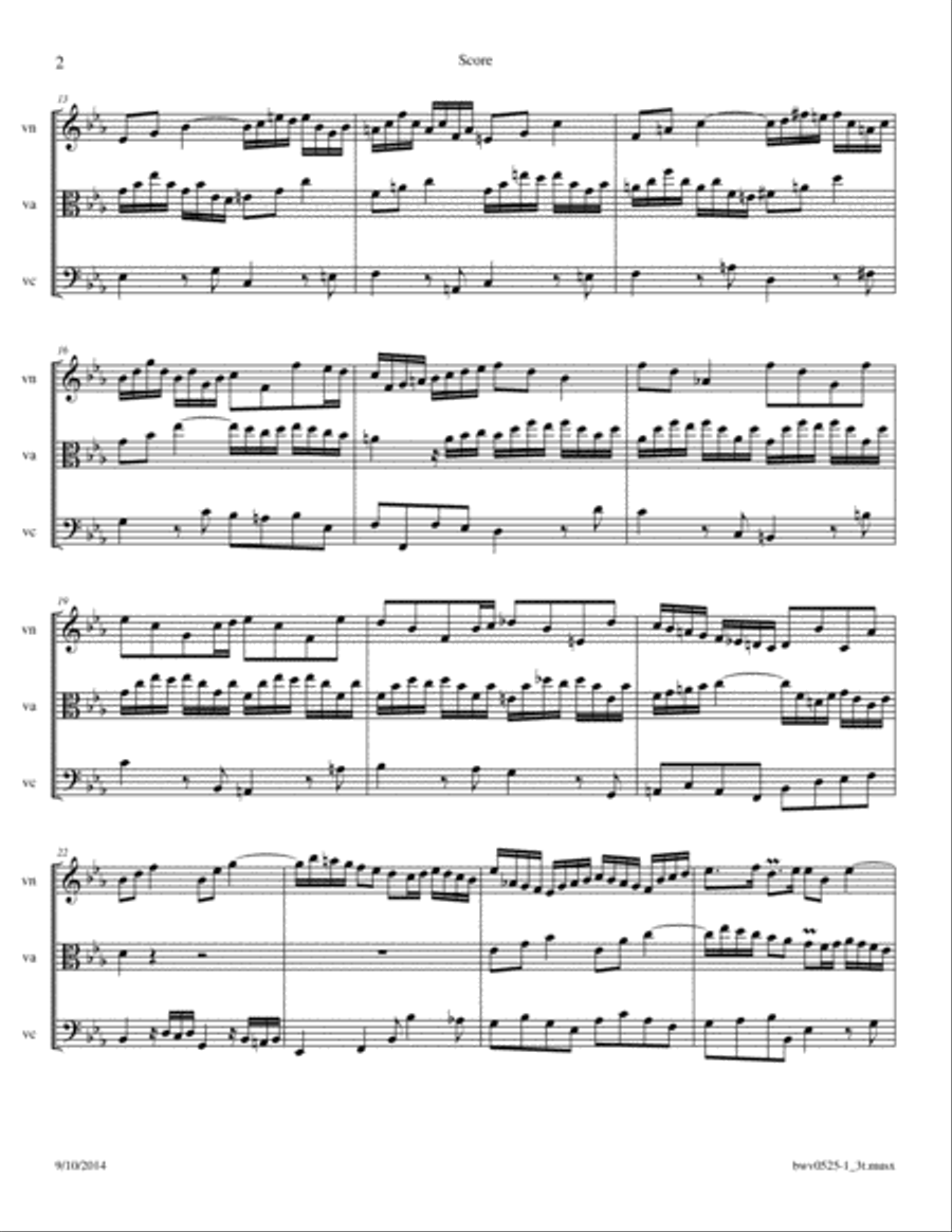 Bach: Triosonata BWV 525 1st movement arrange for Violin, Viola and Cello or 2 Violins, and Cello Small Ensemble scores gallery preview page 2