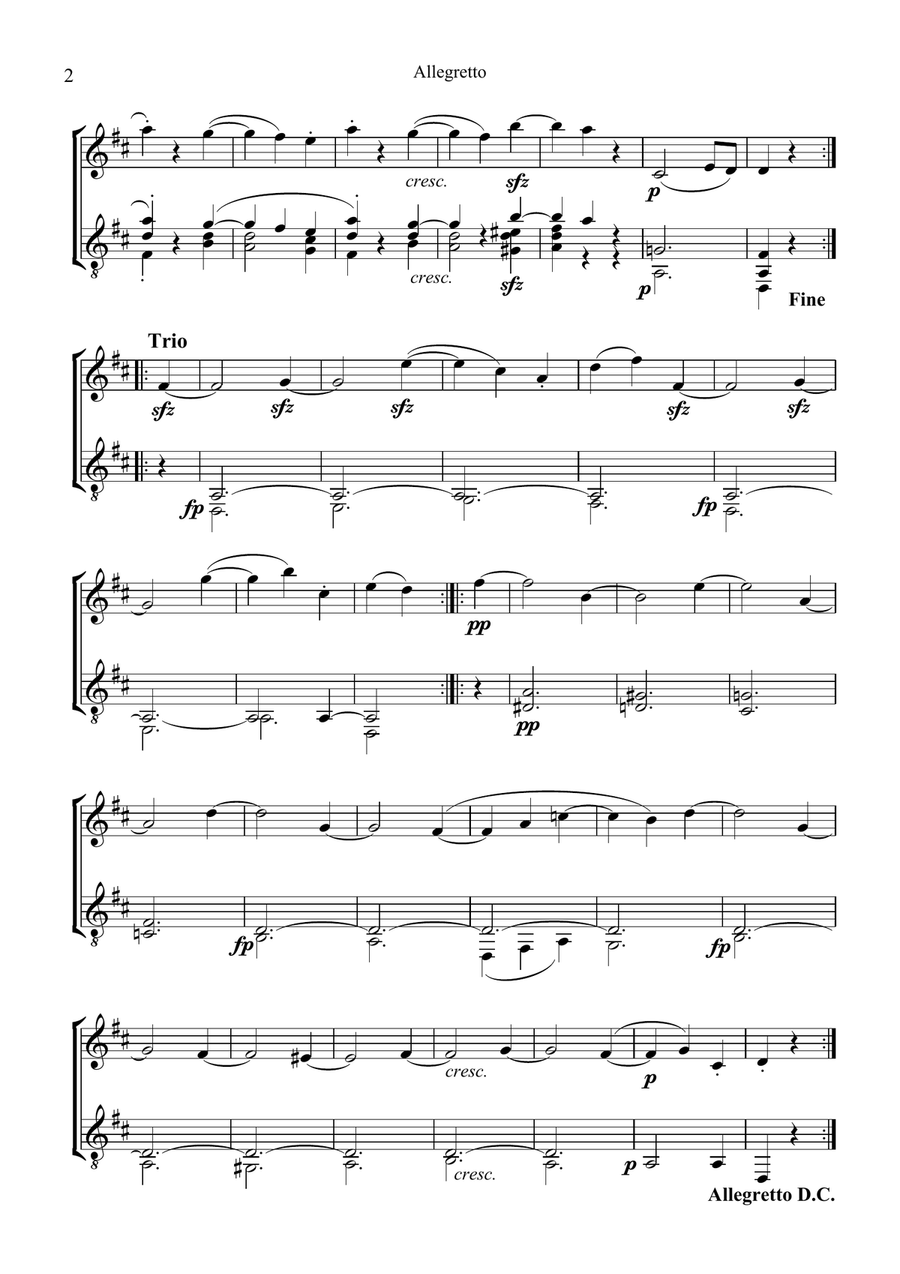 Allegretto (Moonlight Sonata) (D major) for violin or flute and guitar Flute scores gallery preview page 2