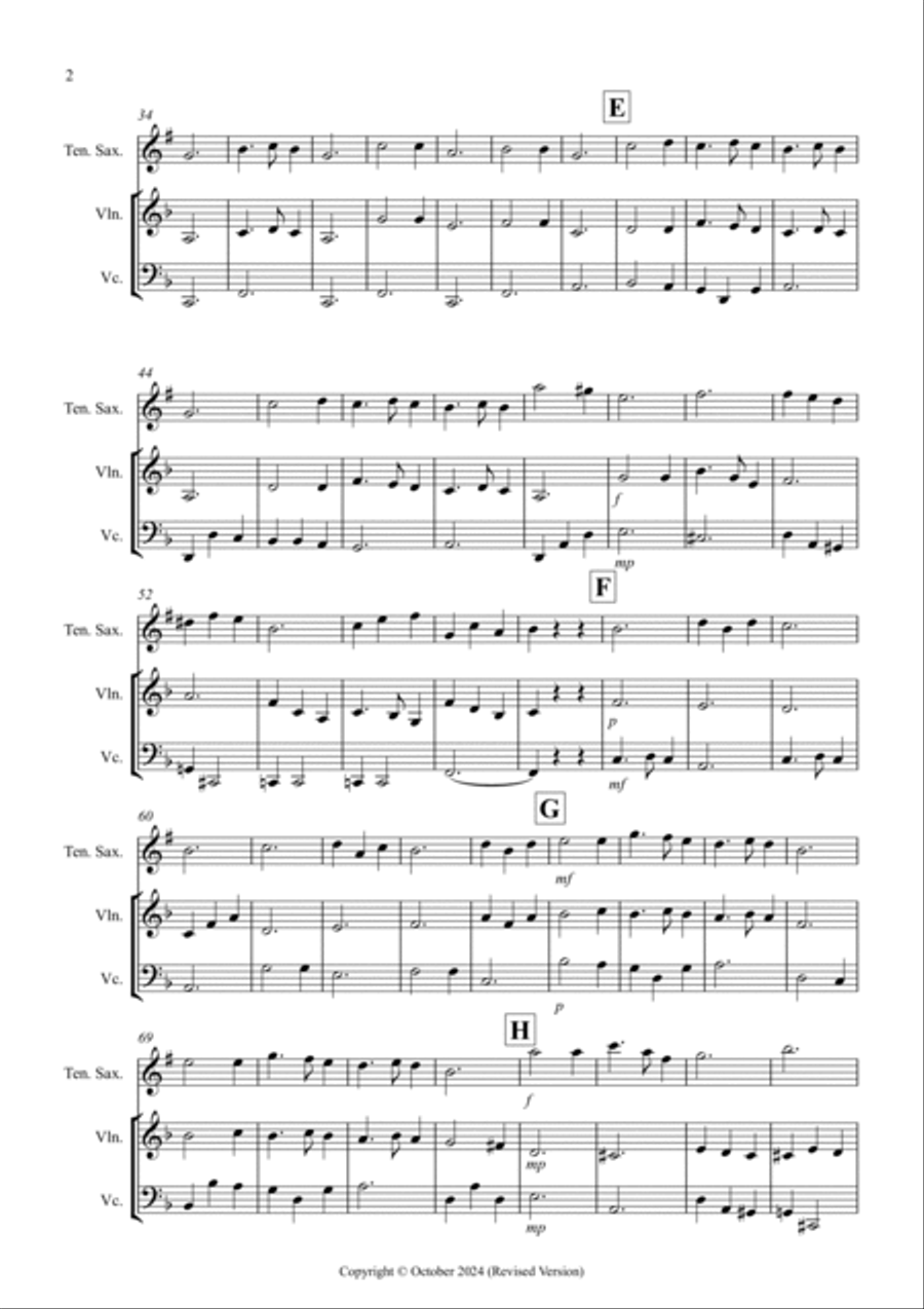 Silent NIght for Tenor Saxophone, Violin and Cello Trio Small Ensemble scores gallery preview page 2