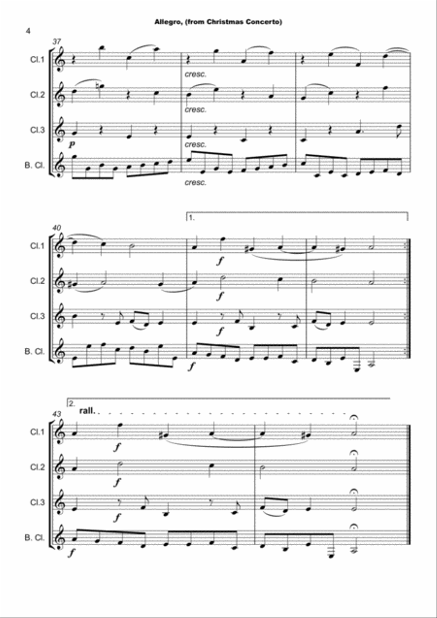 Christmas Concerto, Allegro, by Corelli; for Clarinet Quartet or Choir Clarinet Quartet scores gallery preview page 5
