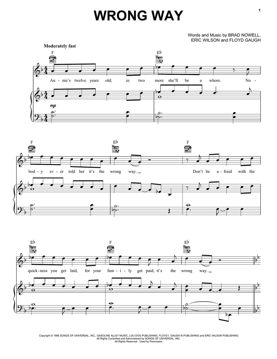 Wrong Way Piano, Vocal, Guitar scores gallery preview page 1