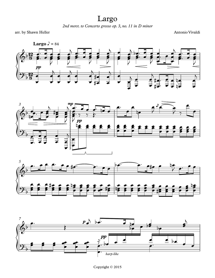 Largo (2nd mvt.) from Concerto grosso, op. 3, #11 in D minor, RV565, Piano Solo arr. Shawn Heller Piano Solo scores gallery preview page 1