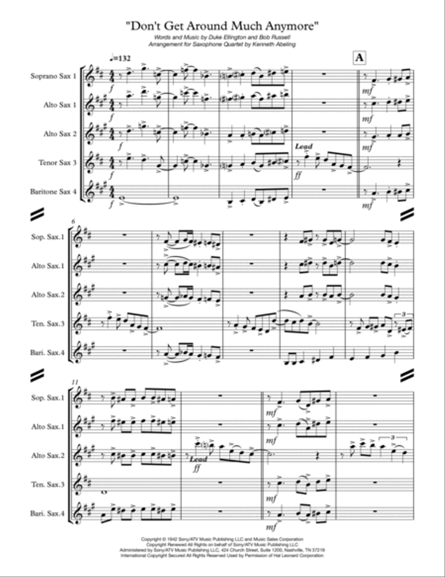 Don't Get Around Much Anymore Saxophone Quartet scores gallery preview page 2