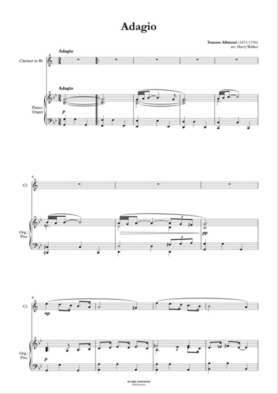 Adagio - Albinoni (for Clarinet in Bb and Piano/Organ) B-Flat Clarinet scores gallery preview page 3