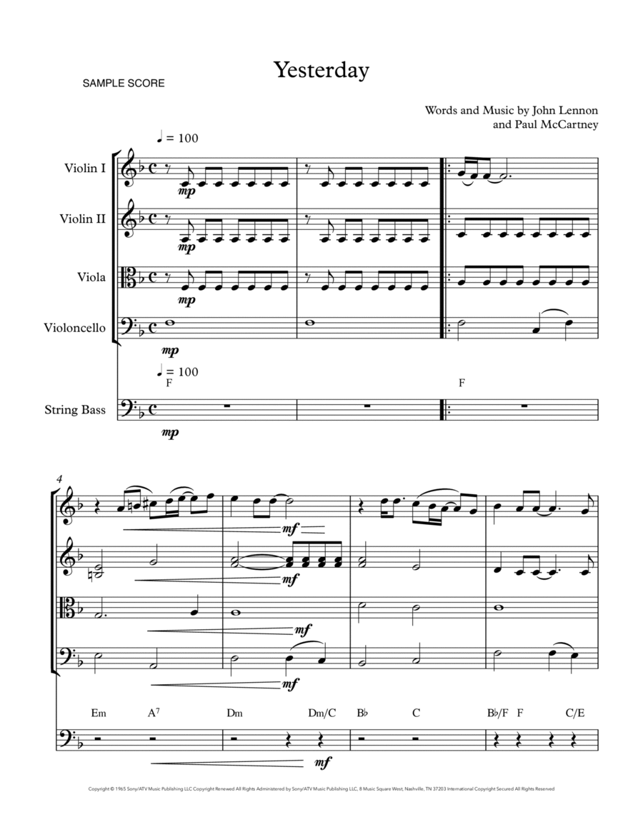 Yesterday String Quintet scores gallery preview page 1