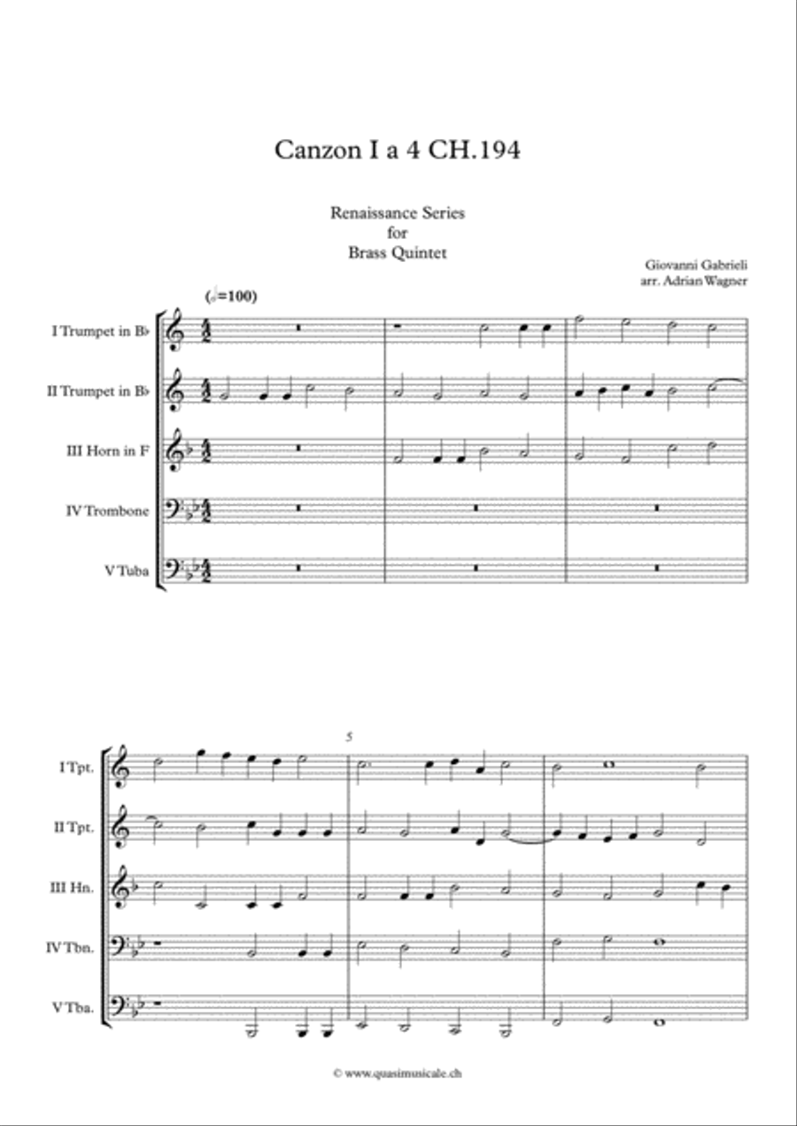 Canzon I a 4 Ch.194 (Giovanni Gabrieli) Brass Quintet arr. Adrian Wagner Brass Quintet scores gallery preview page 3