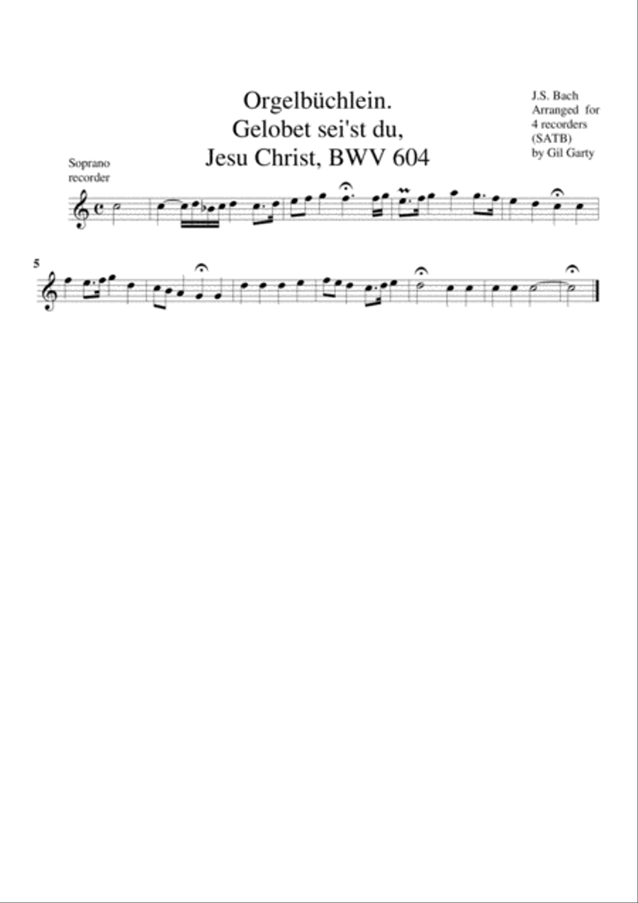 Gelobet sei'st du, Jesu Christ, BWV 604 from Orgelbuechlein (arrangement for 4 recorders) Recorder scores gallery preview page 3