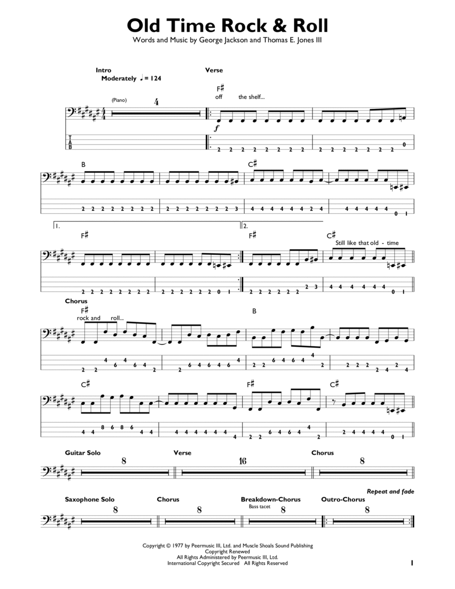 Old Time Rock & Roll Bass Guitar scores gallery preview page 1