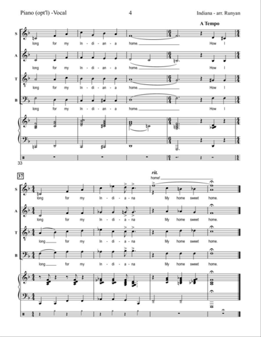 Indiana (Back Home Again in Indiana) (opt'l accomp. for SATB Swing ver.) 4-Part scores gallery preview page 4