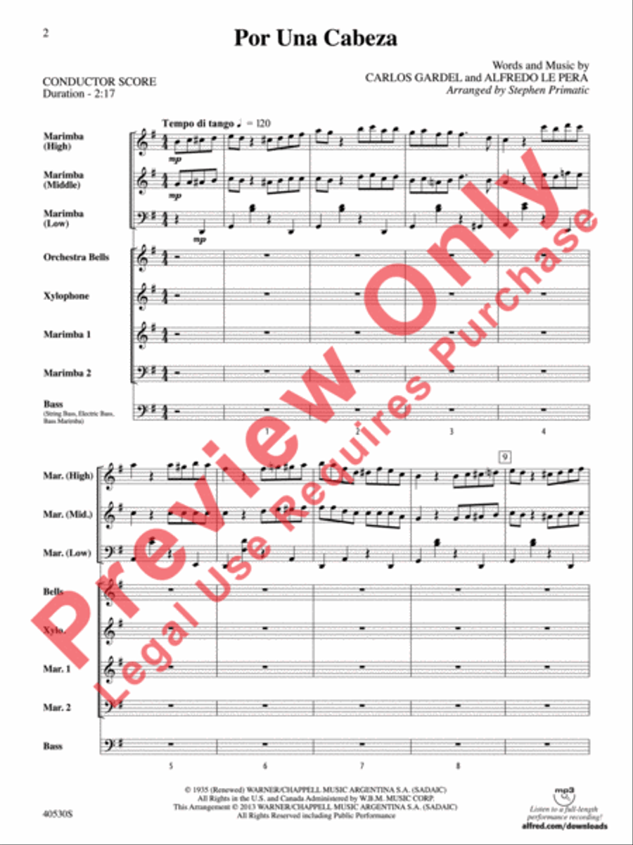 Por Una Cabeza Percussion Ensemble scores gallery preview page 3