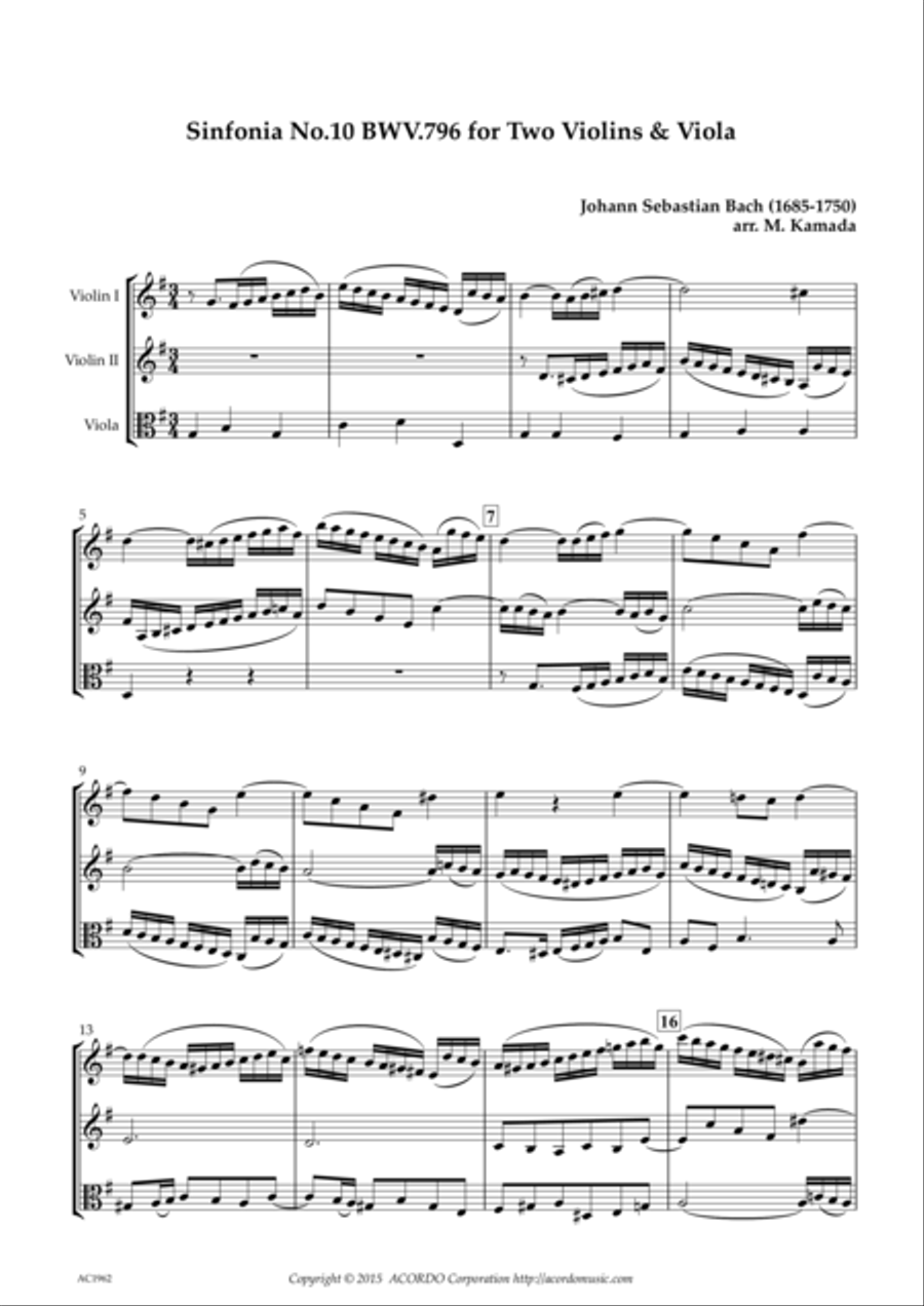 Sinfonia No.10 BWV.796 for Two Violins & Viola String Duet scores gallery preview page 1