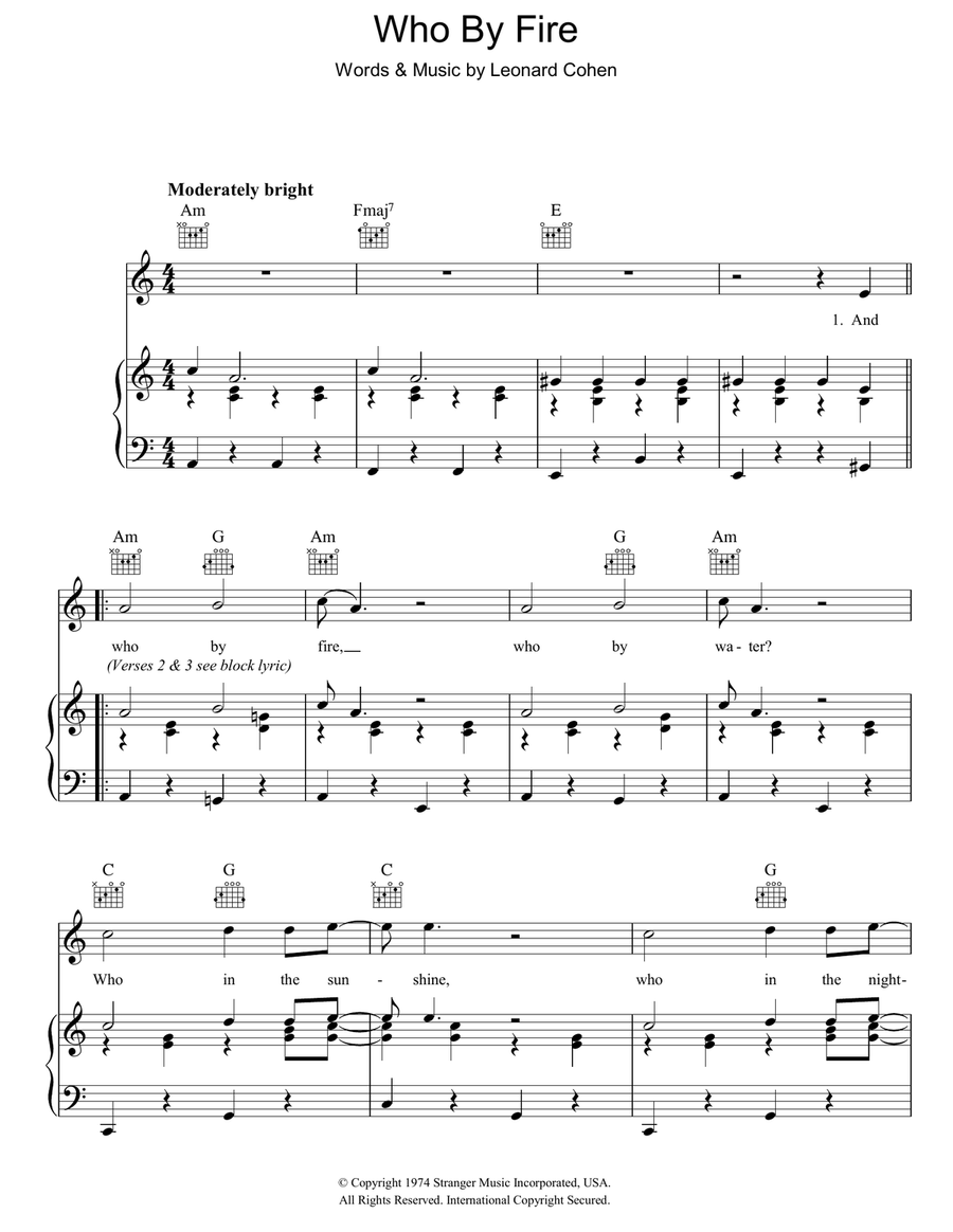 Who By Fire Piano, Vocal, Guitar scores gallery preview page 1