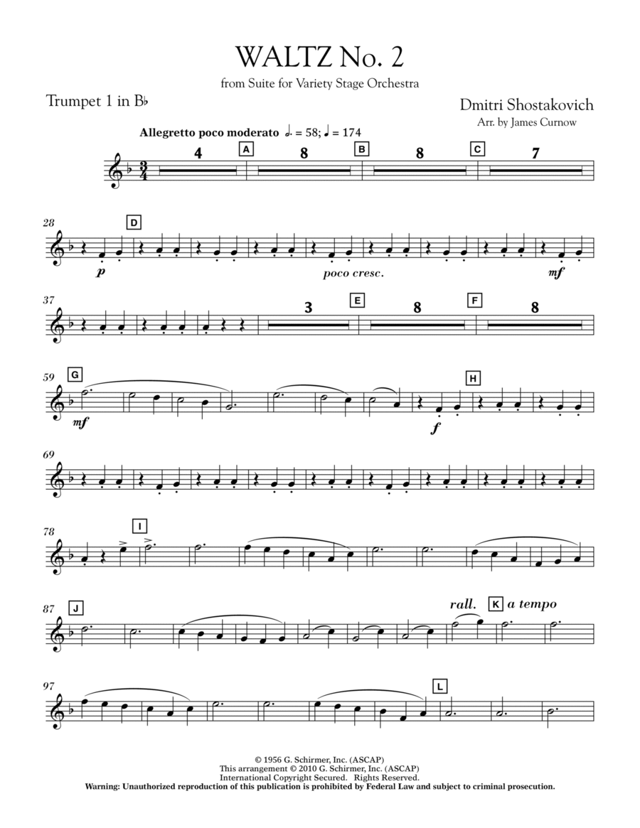Waltz No. 2 (from Suite For Variety Stage Orchestra) - Bb Trumpet 1 Part scores gallery preview page 1