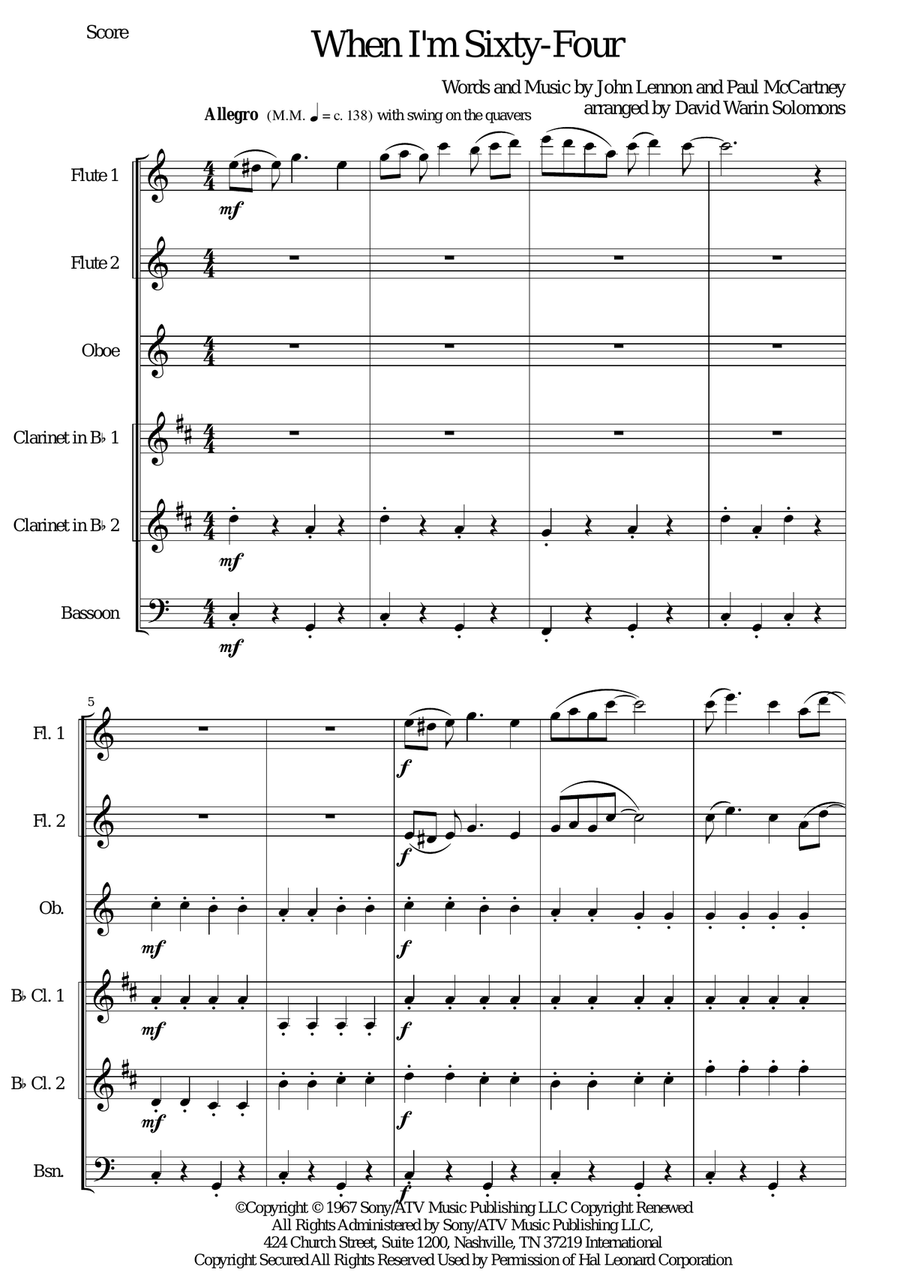 When I'm Sixty-Four Woodwind Ensemble scores gallery preview page 1