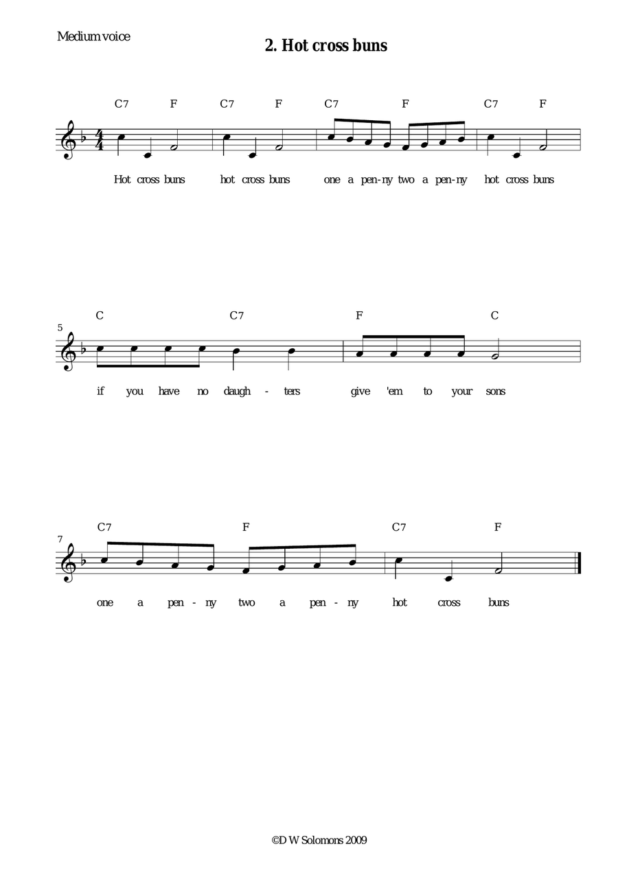Hot cross buns arranged for high voice, medium voice or low voice with guitar chord accompaniments Acoustic Guitar scores gallery preview page 2