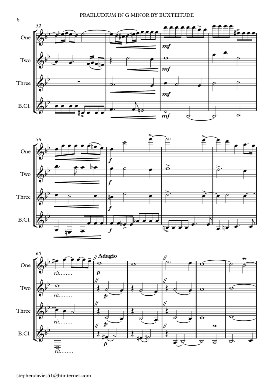Praeludium & Fugue in G Minor by Dietrich Buxtehude (Buxwv148) for Clarinet Quartet. Clarinet Quartet scores gallery preview page 6