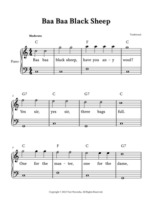 Baa Baa Black Sheep - Easy Piano in C (with Lyrics)