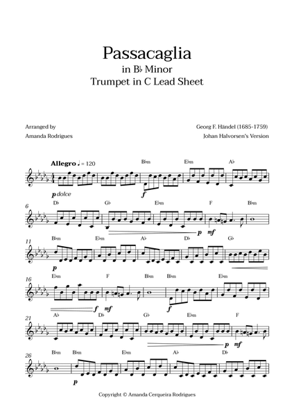 Passacaglia - Easy Trumpet in C Lead Sheet in Bbm Minor (Johan Halvorsen's Version) image number null