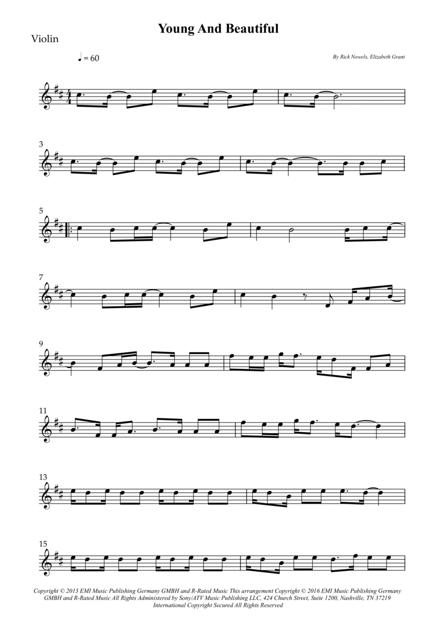 Young And Beautiful Violin Solo scores gallery preview page 1