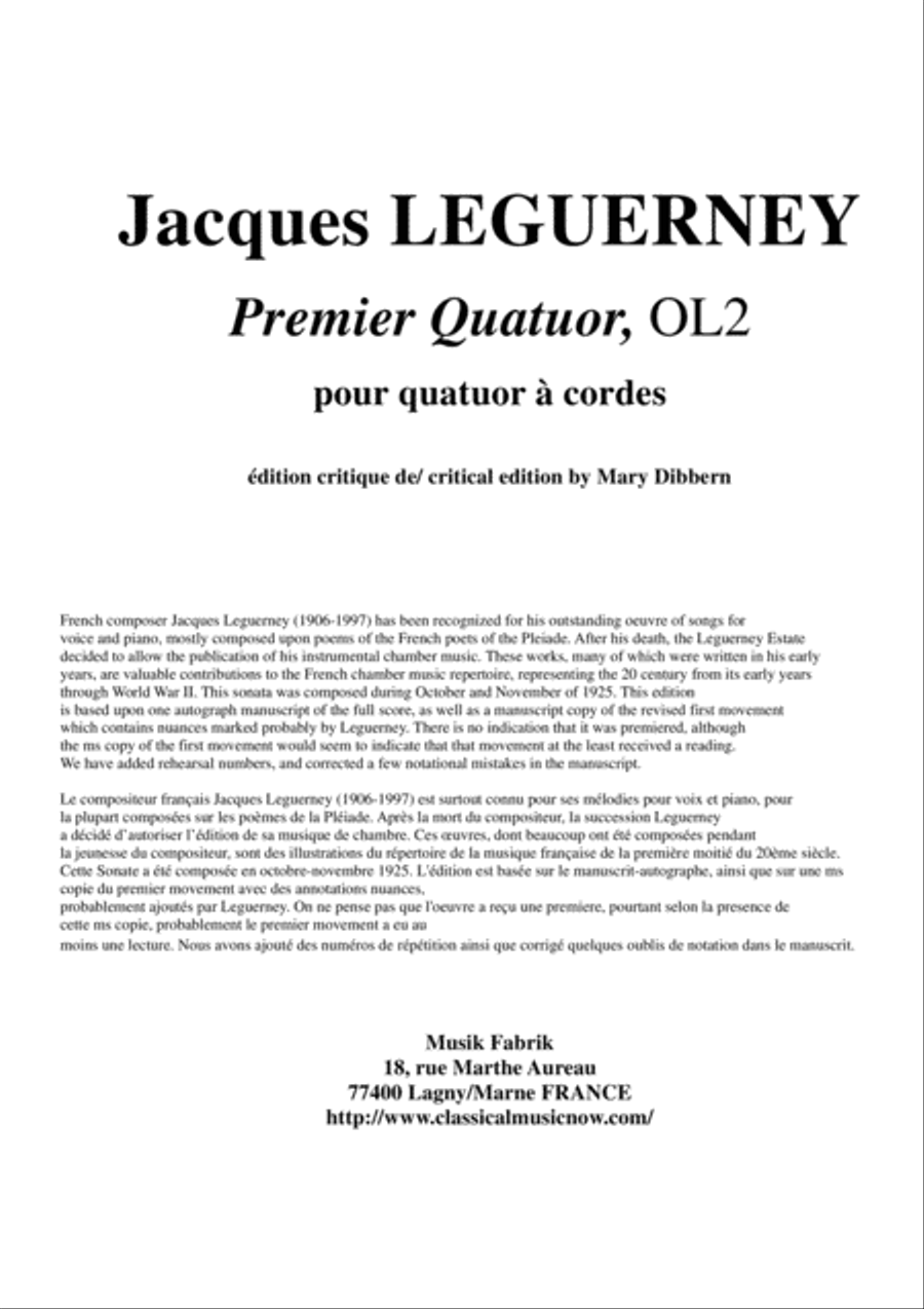 Jacques Leguerney: Premier Quatuor à Cordes (First String Quartet) for two violins, viola and cella String Quartet scores gallery preview page 1