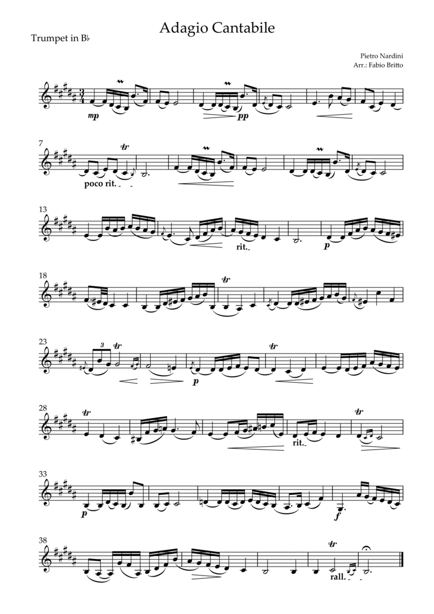 Adagio Cantabile (P. Nardini) for Trumpet in Bb Solo