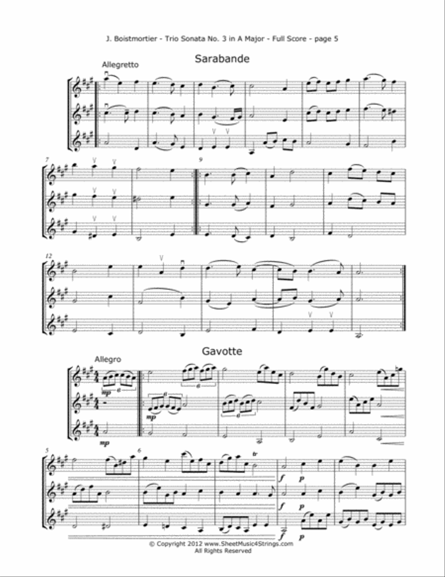 Boismortier, J. - Sonata No. 3 (Mvt.1) for Three Violins String Trio scores gallery preview page 5