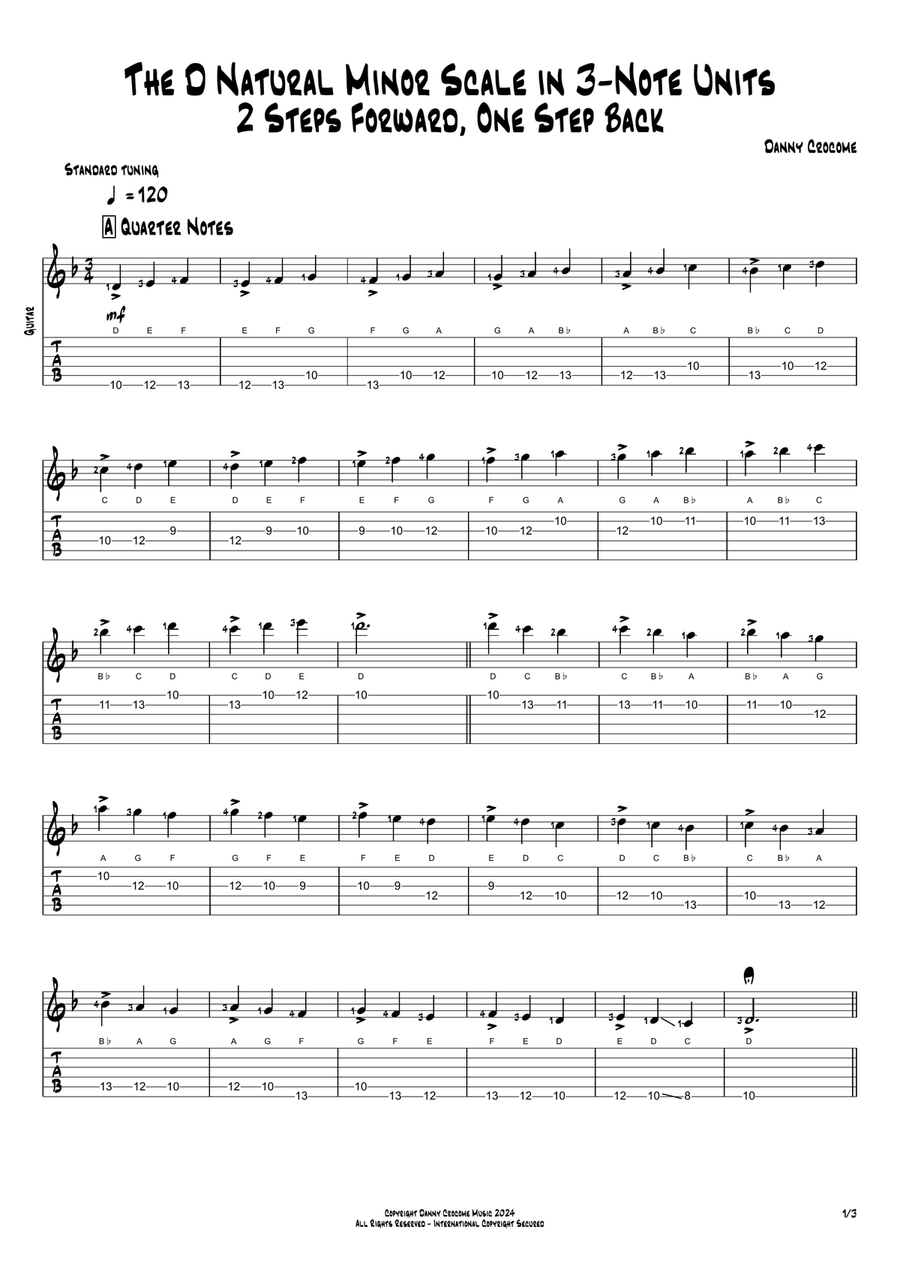 The D Natural Minor Scale in 3-Note Units (2 Steps Forward, One Step Back)