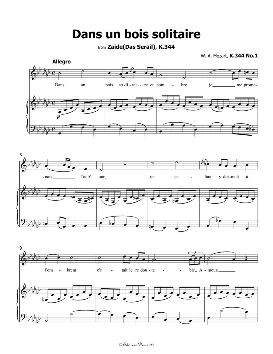 Dans un bois solitaire, by Mozart, K.308/295b, in G flat Major Piano, Vocal scores gallery preview page 3