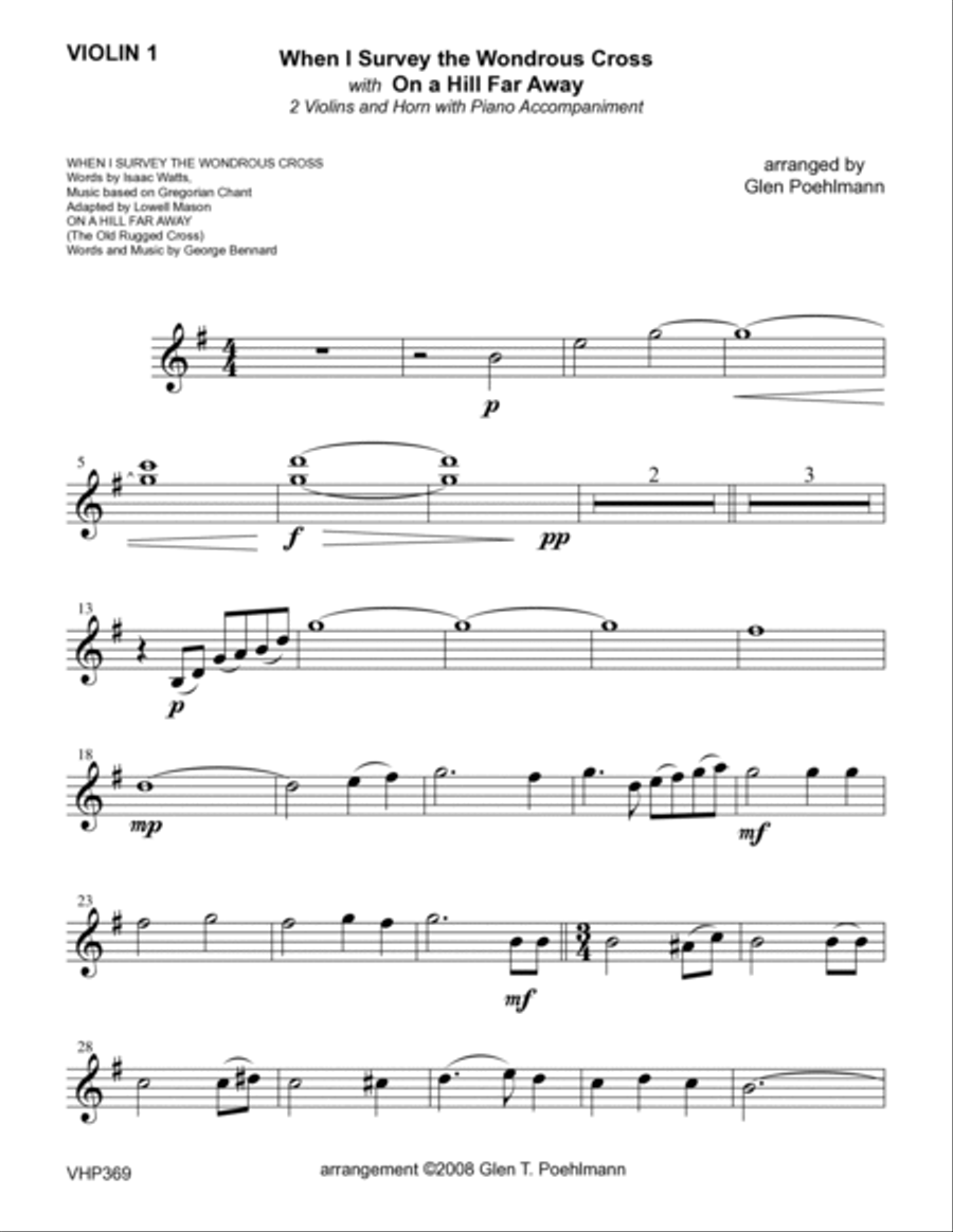 WHEN I SURVEY THE WONDROUS CROSS/ON A HILL FAR AWAY - 2 Violins & Horn (or Viola) with Piano Small Ensemble scores gallery preview page 6