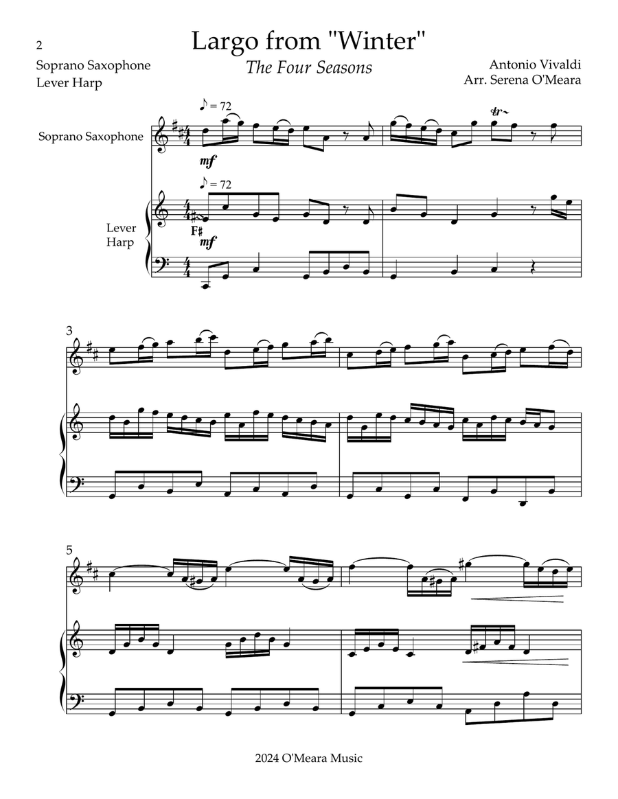 Largo from “Winter”, Duet for Bb Soprano Saxophone & Lever Harp Soprano Saxophone scores gallery preview page 2