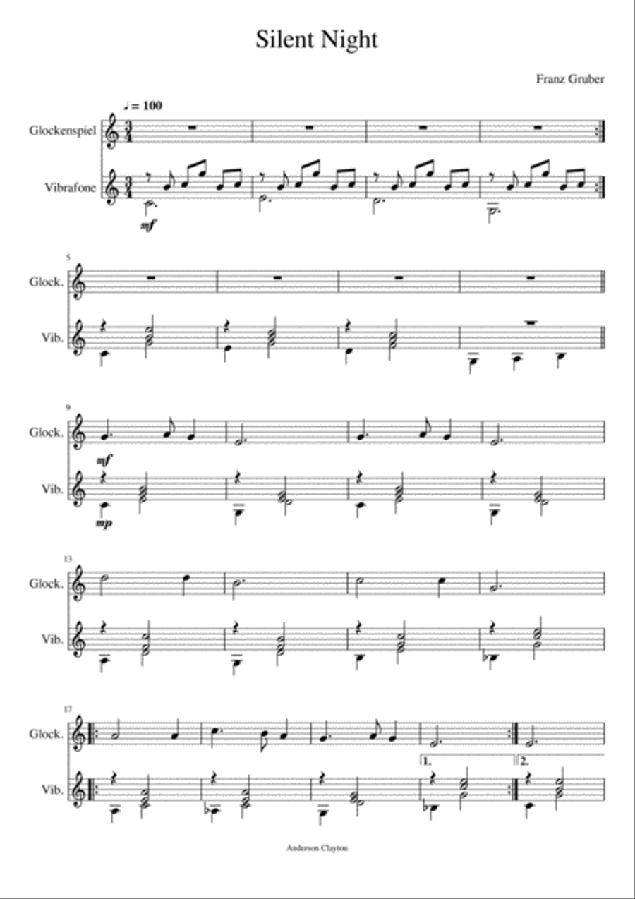 Noite Feliz - Silent Night - Mallet Percussion Duet Glockenspiel scores gallery preview page 1