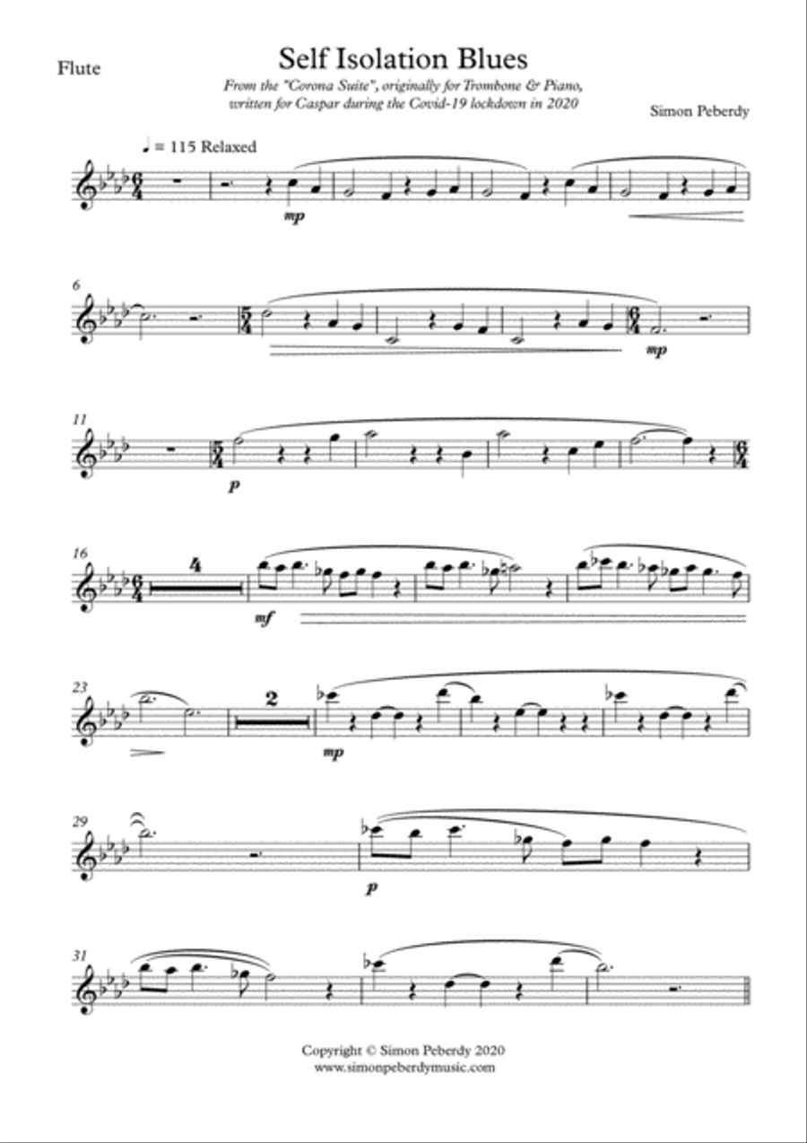Self Isolation Blues for Flute and Piano from the Corona Suite by Simon Peberdy Flute Solo scores gallery preview page 2