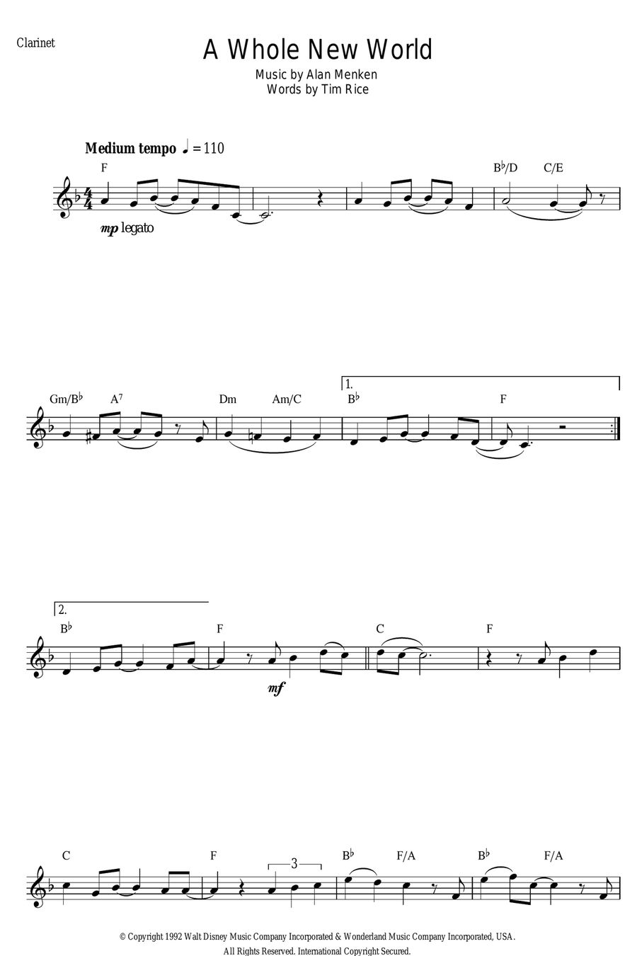 A Whole New World (from Aladdin) Clarinet Solo scores gallery preview page 1