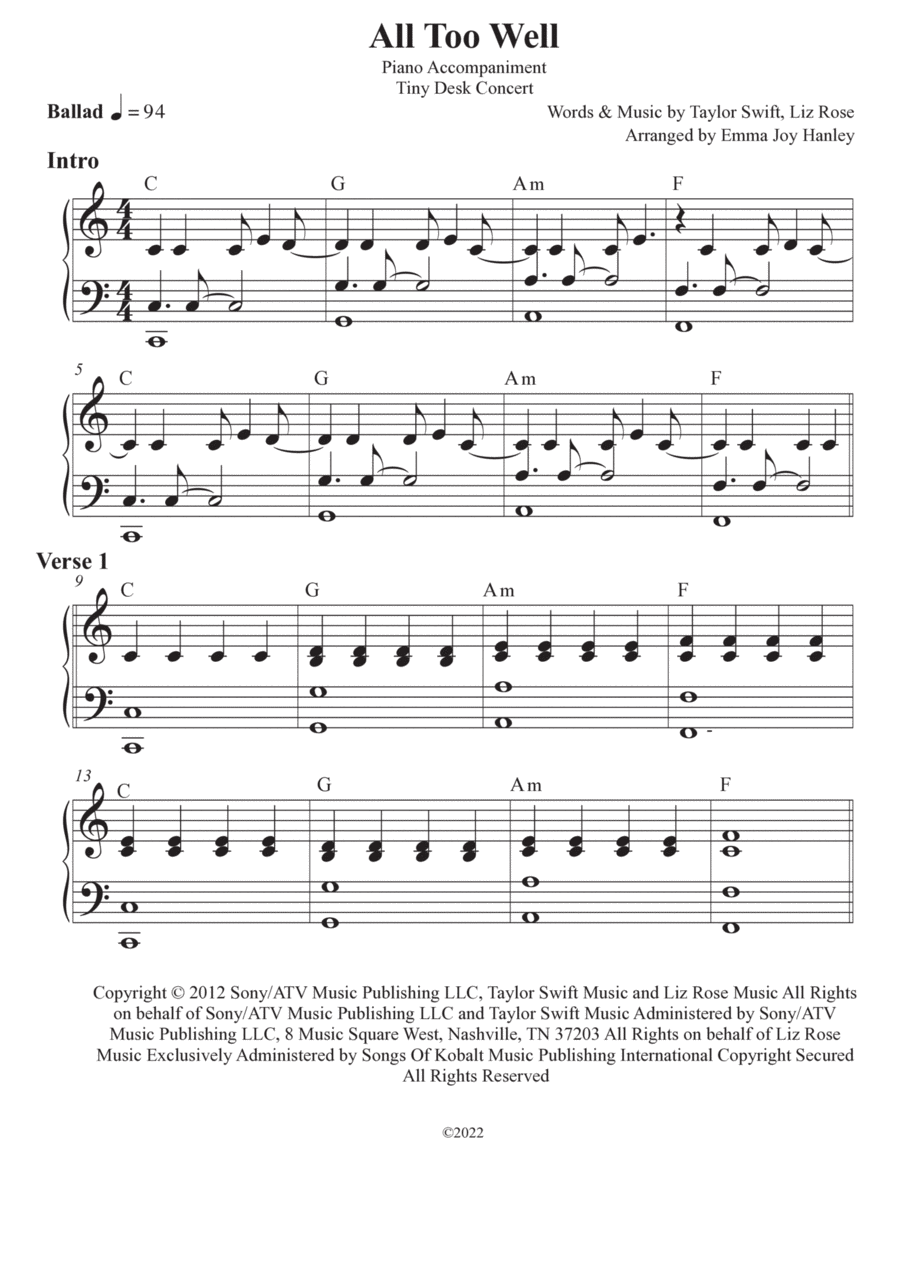 All Too Well Easy Piano scores gallery preview page 1