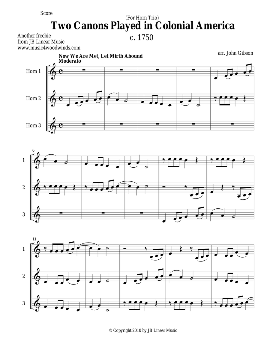 Two Canons Played in Colonial America for three horns Horn Solo scores gallery preview page 1