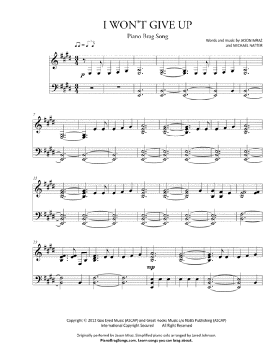 I Won't Give Up Piano Solo scores gallery preview page 1