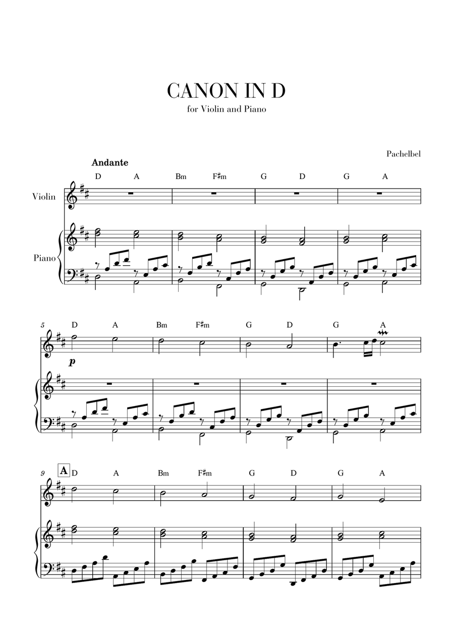 Canon in D for Violin and Piano (With Chords) Small Ensemble scores gallery preview page 1