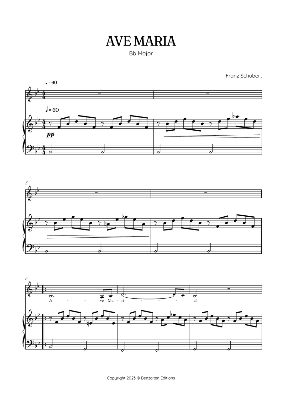 Schubert Ave Maria in B flat Major [ Bb ] • alto voice sheet music with easy piano accompaniment Piano, Vocal scores gallery preview page 1