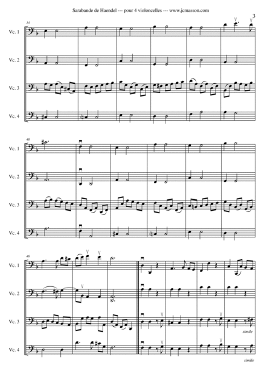 Sarabande by G.F. Handel --- arr. for cello quartet by Jean-Christophe Masson --- FULL SCORE AND PAR Cello Solo scores gallery preview page 5