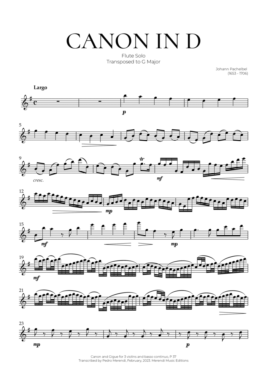Canon in D (Flute Solo) - Johann Pachelbel Flute Solo scores gallery preview page 1