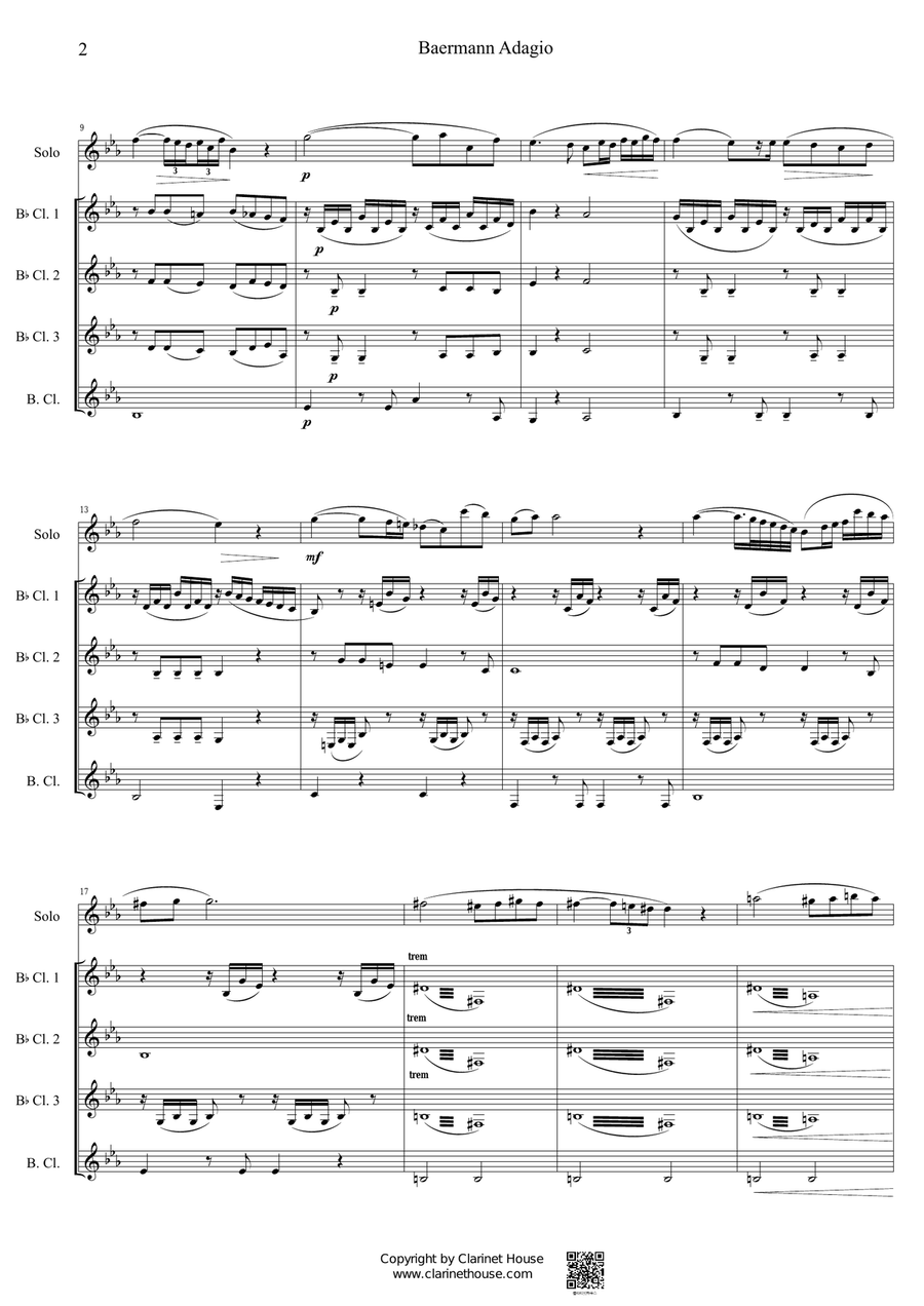 Baermann Adagio for Clarinet Ensemble (Clarinet Solo & Quartet) Clarinet Quartet scores gallery preview page 6
