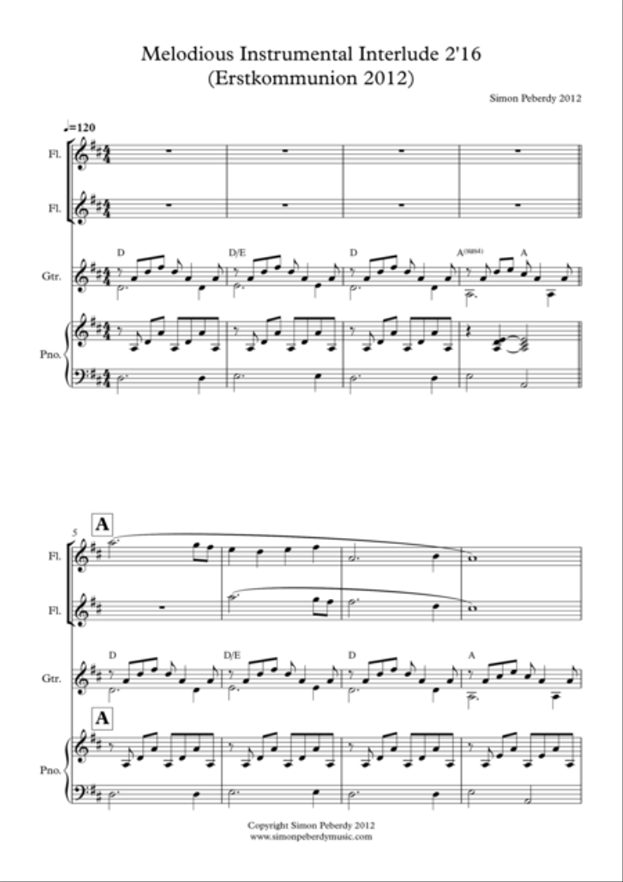 Instrumental Interlude 2'16 for 2 flutes, guitar and/or piano by Simon Peberdy Small Ensemble scores gallery preview page 2