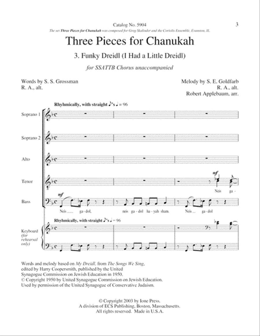 Three Pieces for Chanukah: 3. Funky Dreidl (I Had a Little Dreidl) A Cappella scores gallery preview page 3