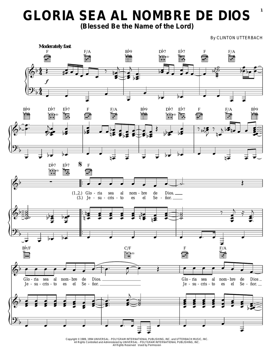 Gloria Sea Al Nombre De Dios (Blessed Be The Name Of The Lord) Piano, Vocal, Guitar scores gallery preview page 1
