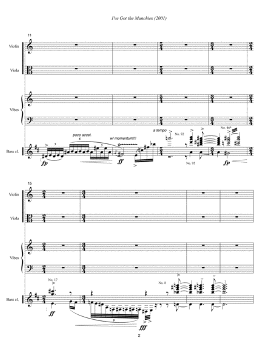 I've Got the Munchies (2001) for violin, viola, bass clarinet in B-flat and vibraphone. Small Ensemble scores gallery preview page 4