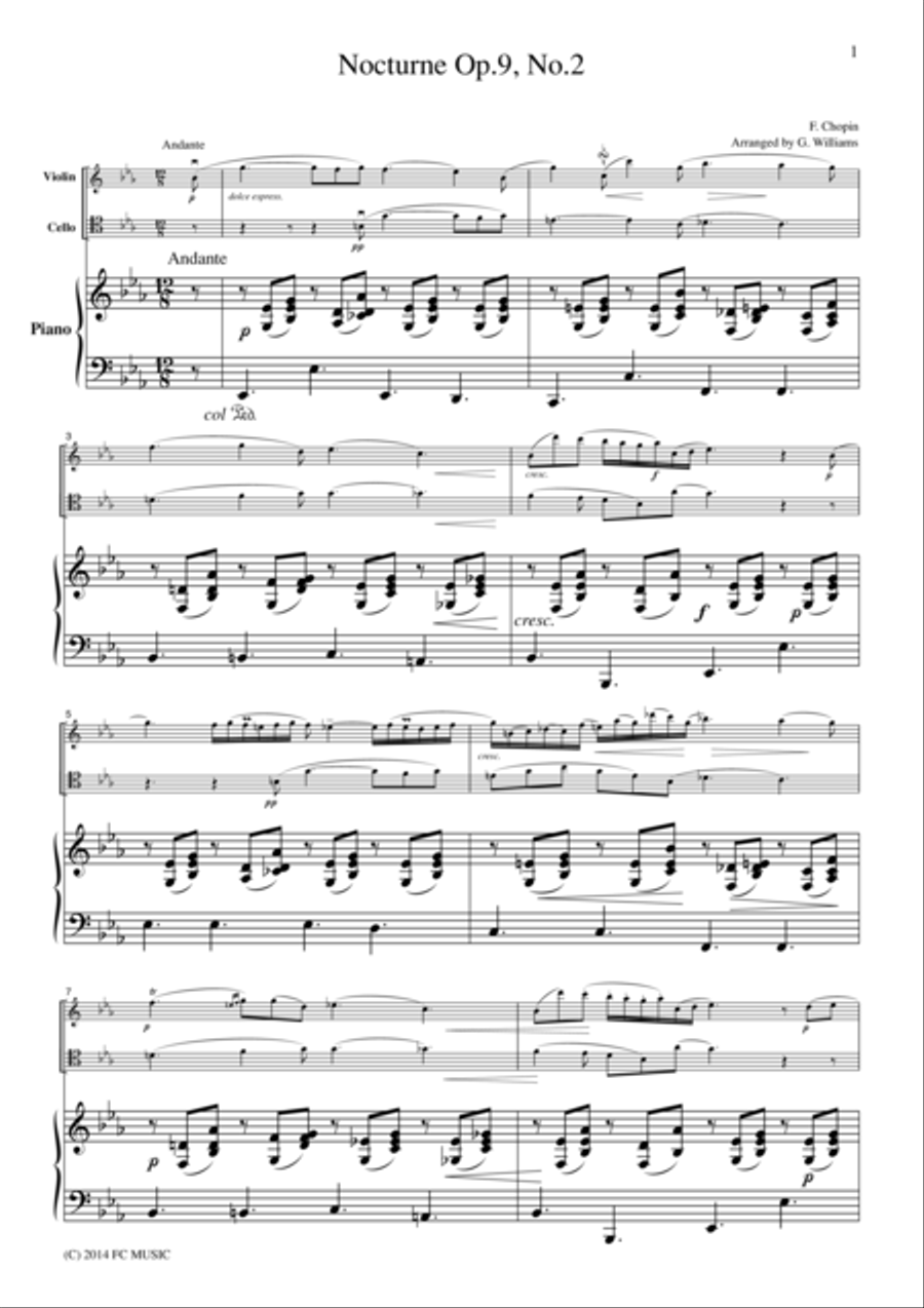 Chopin Nocturne Op.9, No.2, for piano trio, PC102 Piano Trio scores gallery preview page 1