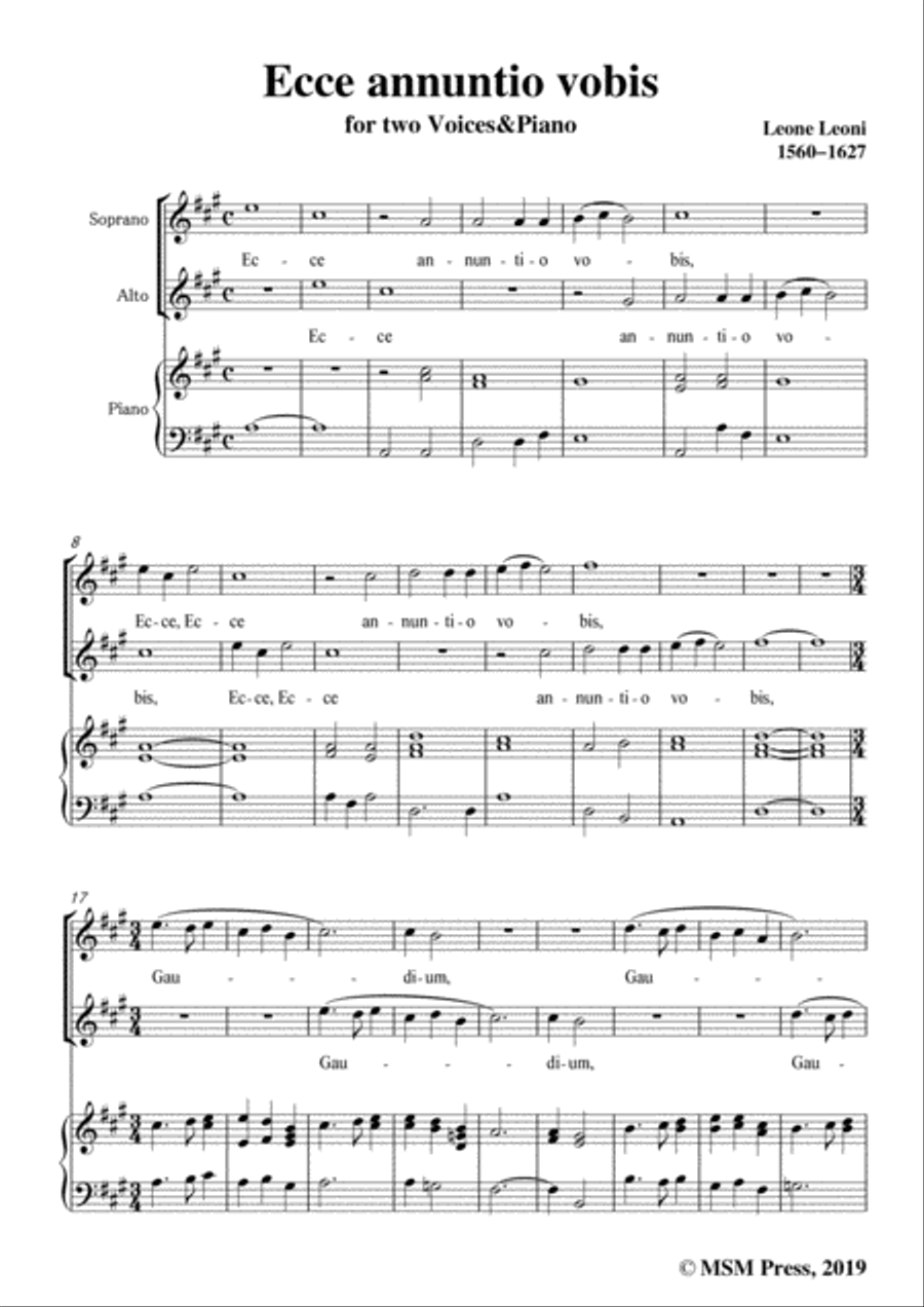 Leoni-Ecce annuntio vobis,in A Major,for two Voices&Piano SSA scores gallery preview page 3