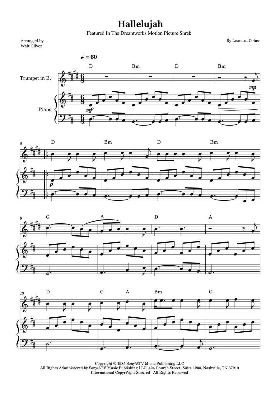 Hallelujah B-Flat Trumpet scores gallery preview page 1